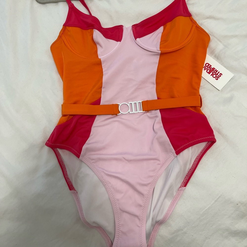 Pink and orange color blocked underwire belted one piece bathing suit